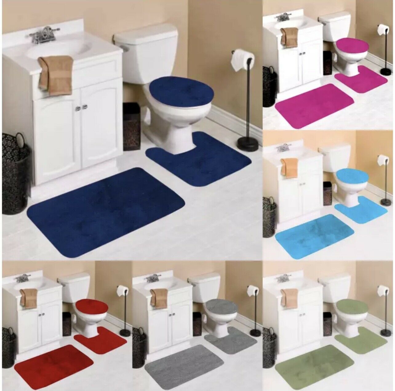 3pc solid plain  assorted colors bathroom rugs contour mat toilet lid cover set