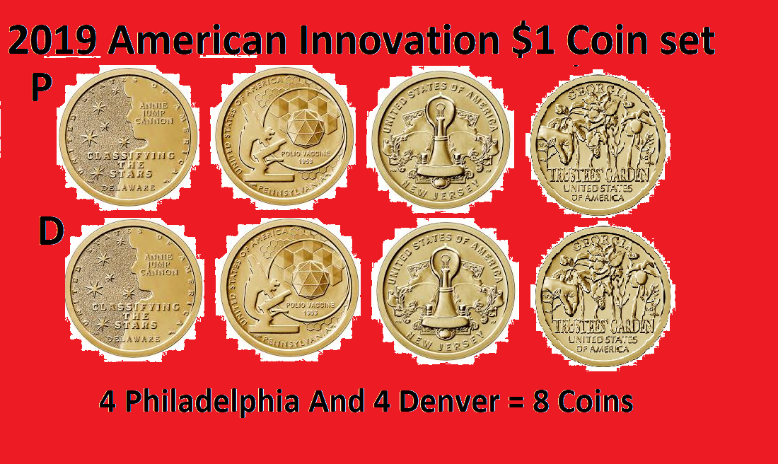 Complete 2019 P & D American Innovation Dollar 8 Coin Set - Uncirculated On Hand
