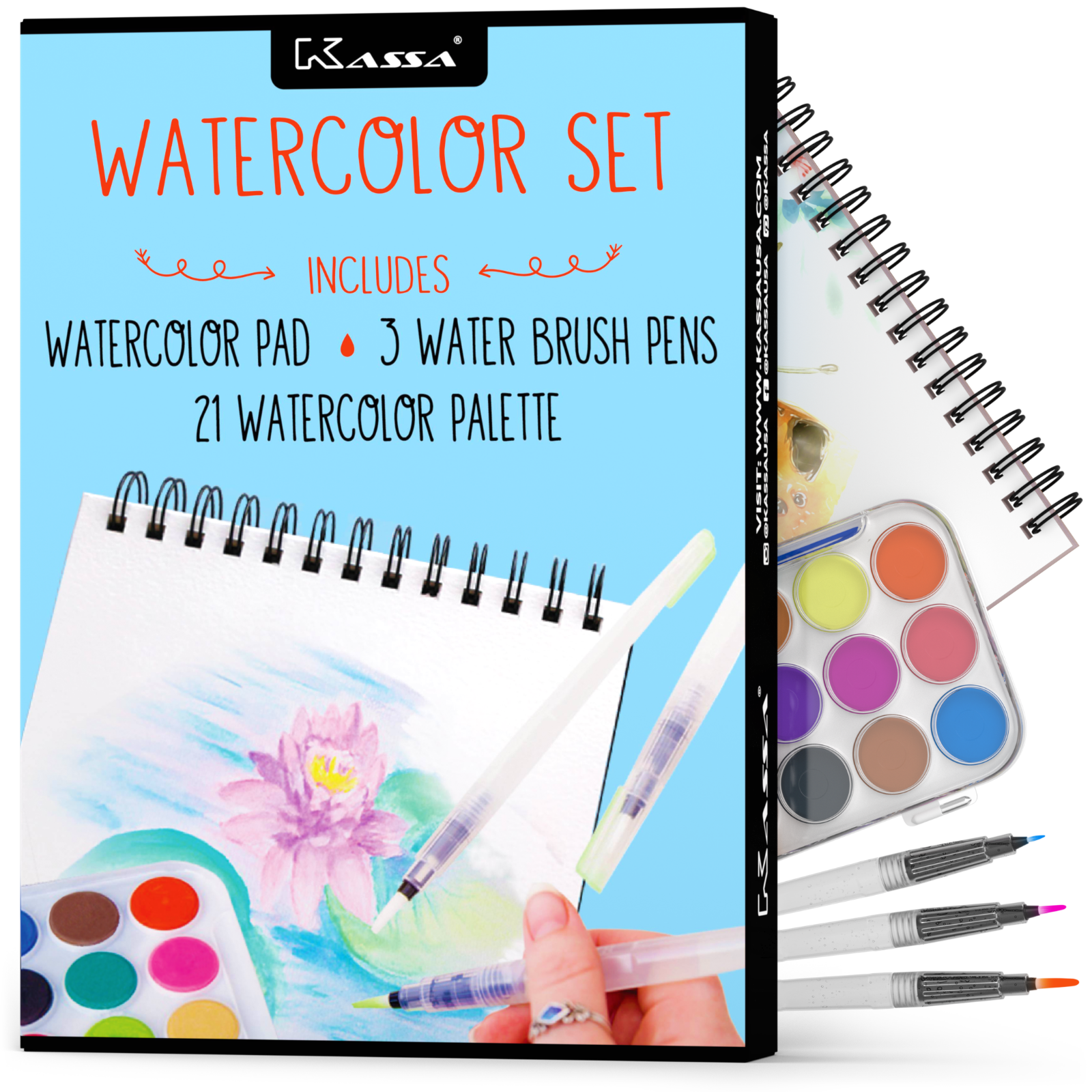 Kassa Watercolor Set - 21 Paints, 3 Water Brush Pens & 30 Page Painting Pad USA