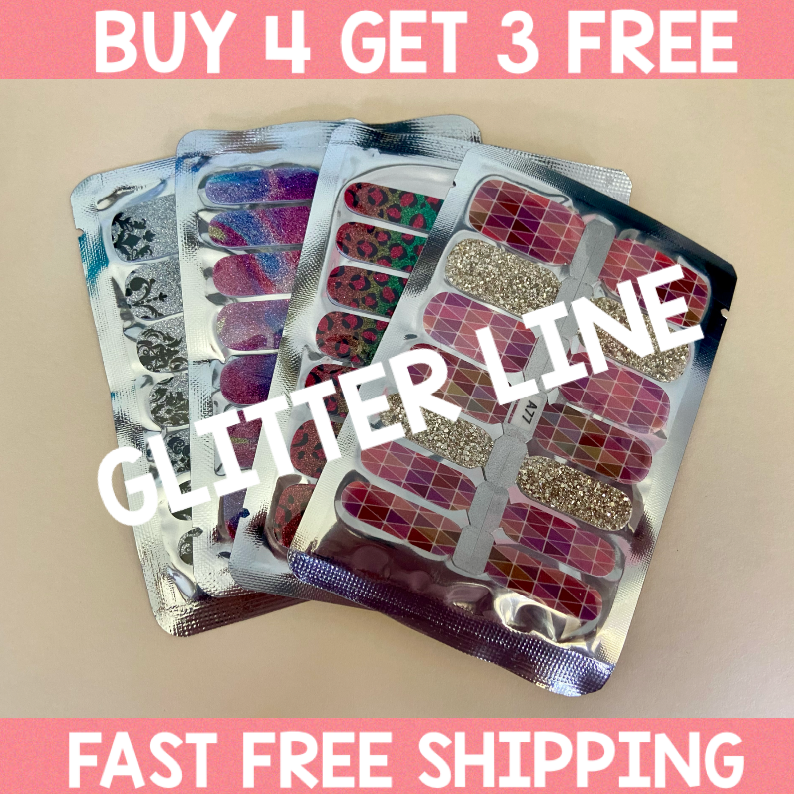 Glitter Color Nail Polish Strips - BUY 4 GET 3 FREE - FREE SHIPPING