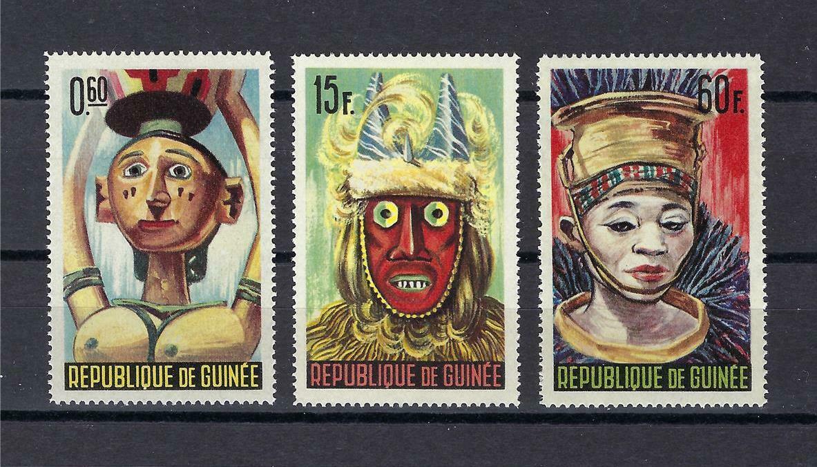 Guinea 1965 Yoki Wood Carved Girl Statue And Masks Sc# 363 #367 #369 Mnh