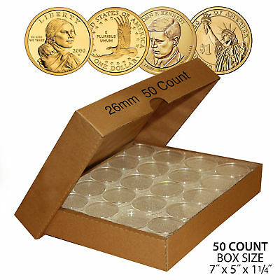 50 Sacagawea Dollar Direct-fit Airtight 26mm Coin Capsule Holder Qty: 50 W/ Box