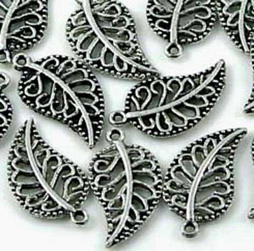 20 Silver Pewter Leaves Charm Beads 18x10m~ Lead-free ~